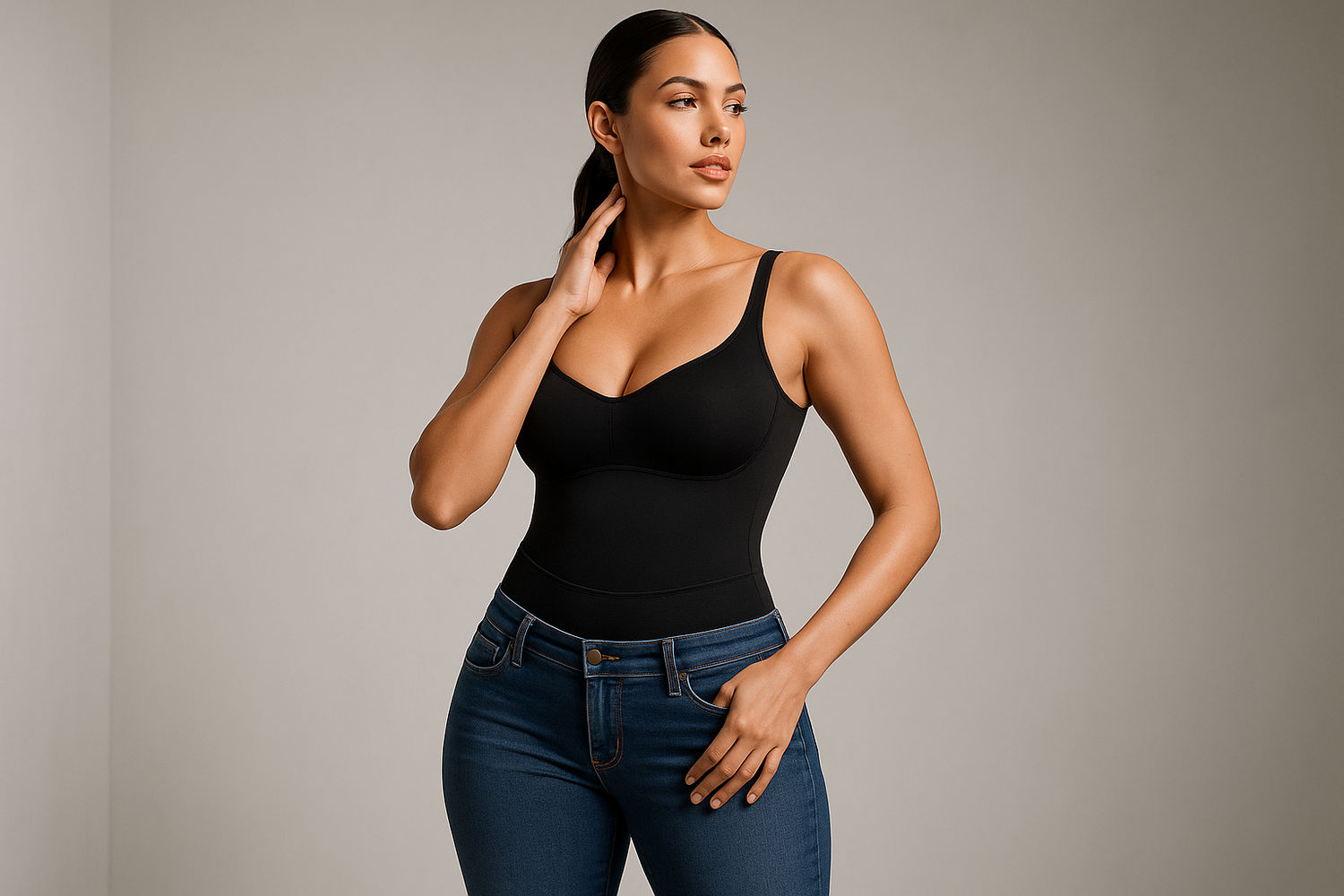 peut tu me generer une image qui mets en valeur les bienfaits de mon shapewear sur une mannequine incluant un outfit ou l'on peut voir le shapewear noir ex:jeans